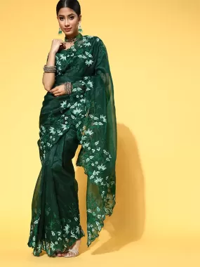 Odette Women Organza Green Embroidered Celebrity Saree With Blouse Piece