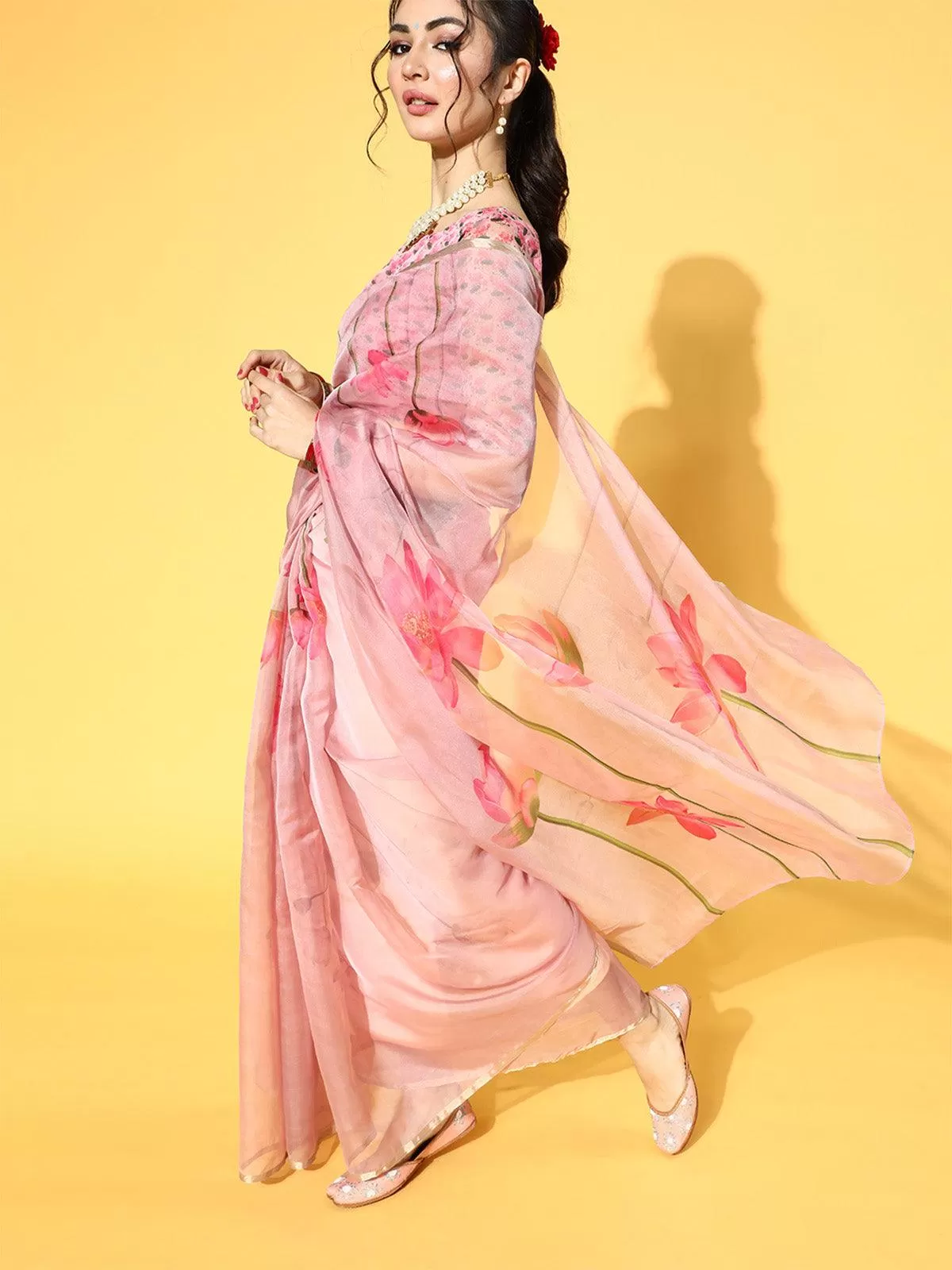 Odette Women Organza Pink Printed Celebrity Saree With Blouse Piece