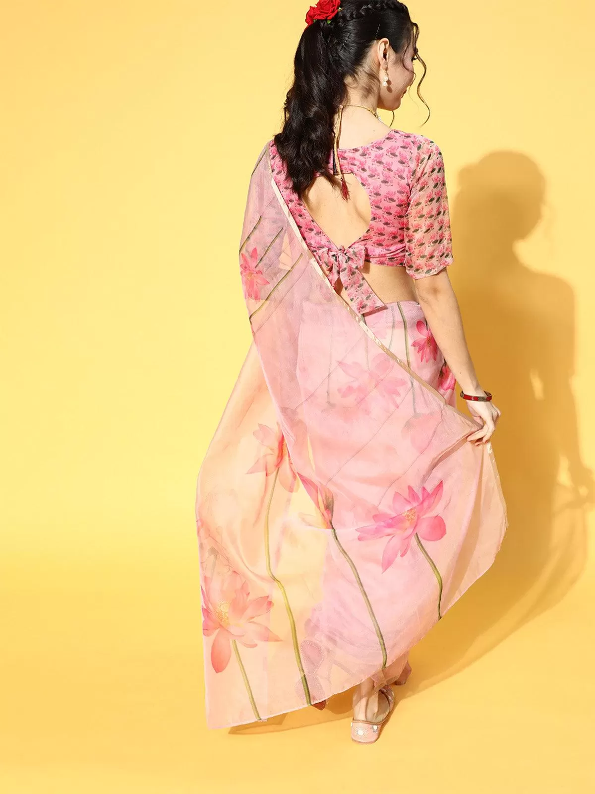 Odette Women Organza Pink Printed Celebrity Saree With Blouse Piece