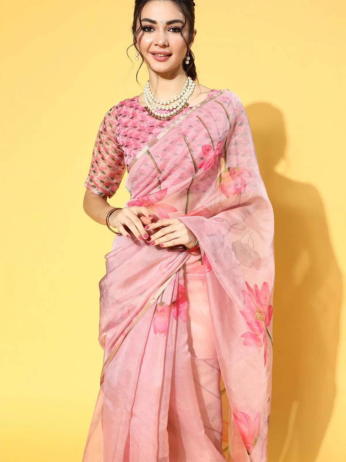 Odette Women Organza Pink Printed Celebrity Saree With Blouse Piece