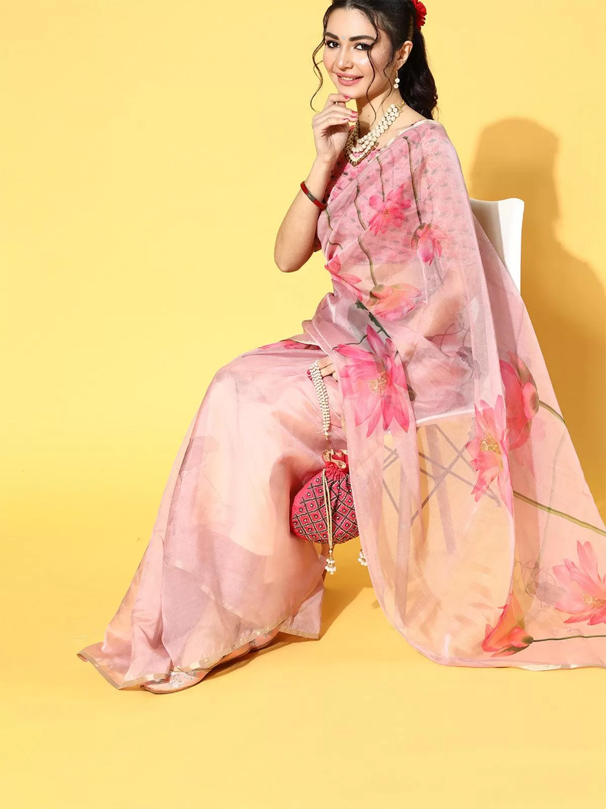 Odette Women Organza Pink Printed Celebrity Saree With Blouse Piece