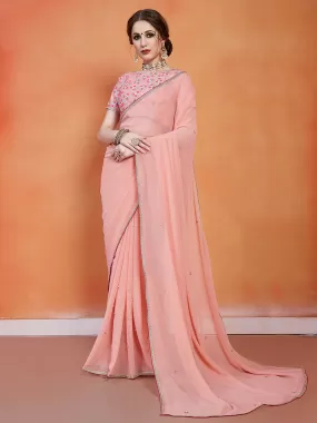 Odette Women Peach Georgette Saree With Unstitched Blouse