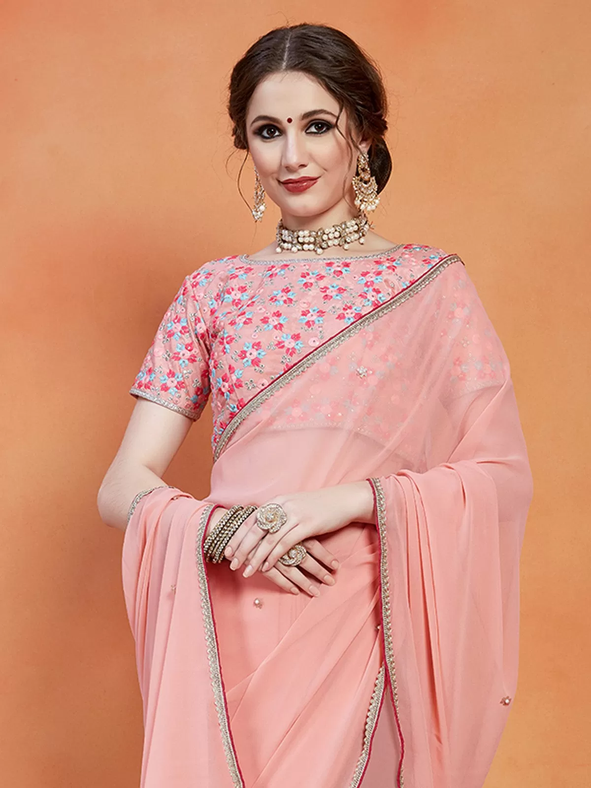 Odette Women Peach Georgette Saree With Unstitched Blouse