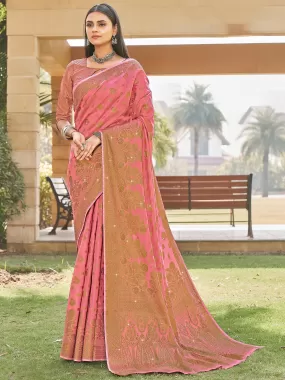 Odette Women Pink Cotton Heavy Zari Woven Designer Stone Saree With Unstitched Blouse