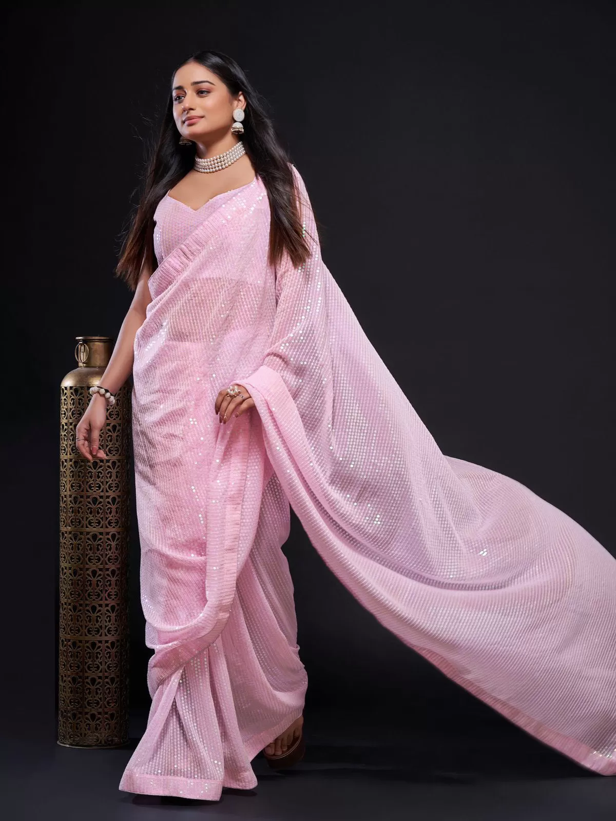 Odette Women Pink Embellished Georgette Saree With Unstitched Blouse