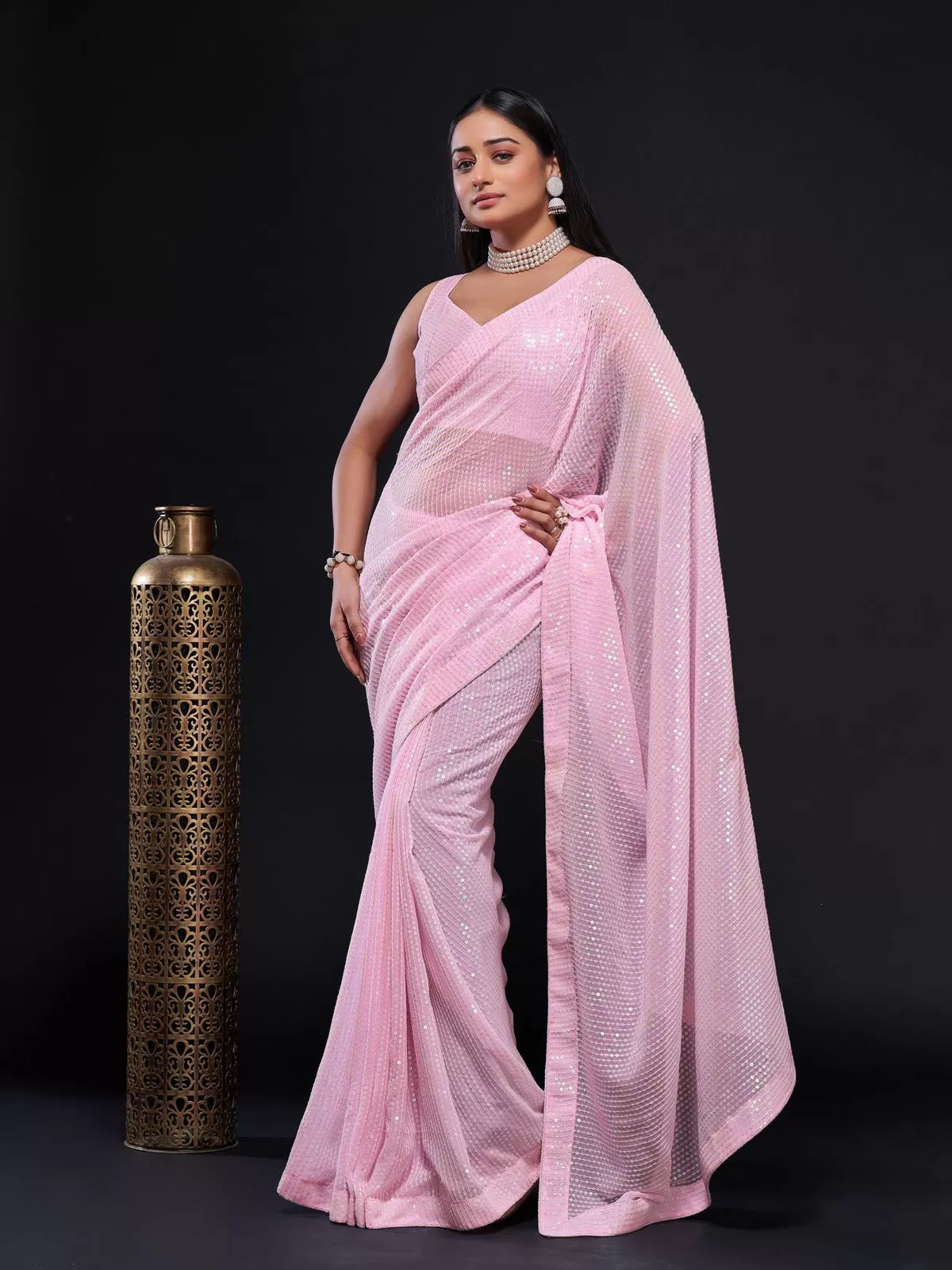 Odette Women Pink Embellished Georgette Saree With Unstitched Blouse