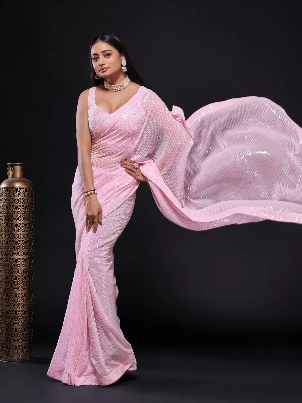 Odette Women Pink Embellished Georgette Saree With Unstitched Blouse