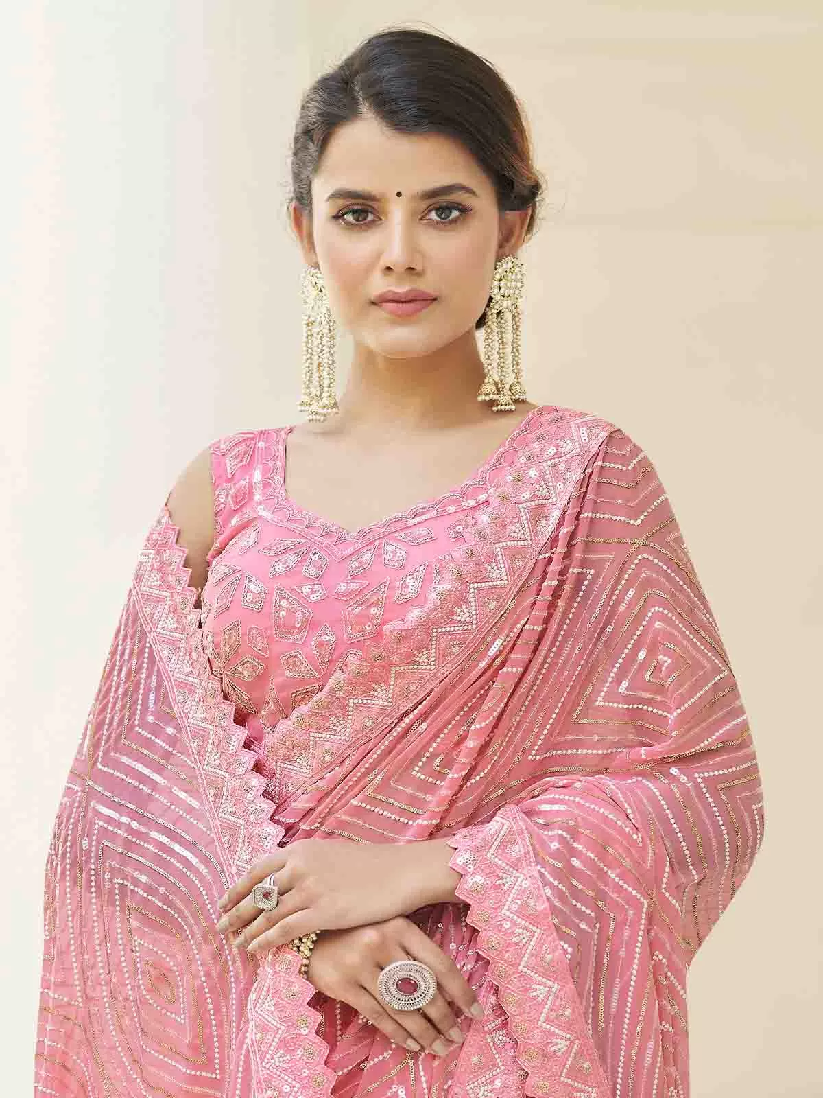 Odette Women Pink Georgette Embroidered Saree With Unstitched Blouse