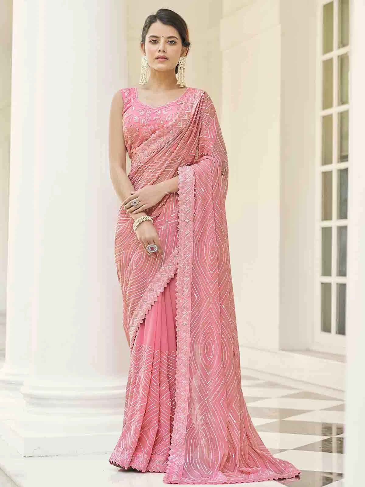 Odette Women Pink Georgette Embroidered Saree With Unstitched Blouse