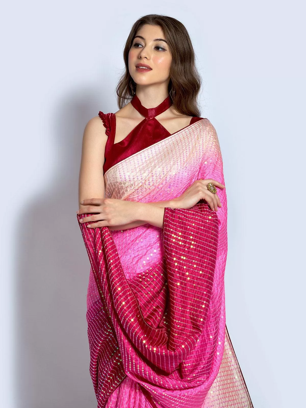 Odette Women Pink Silk Blend Designer Embroidery Saree With Unstitched Blouse