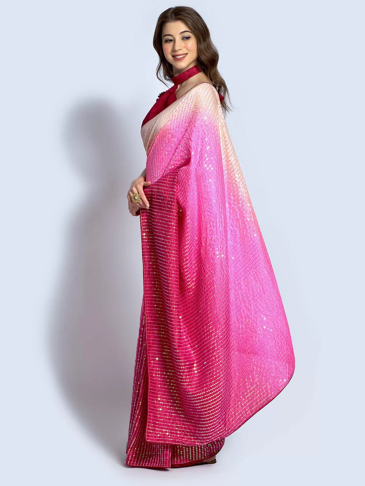 Odette Women Pink Silk Blend Designer Embroidery Saree With Unstitched Blouse