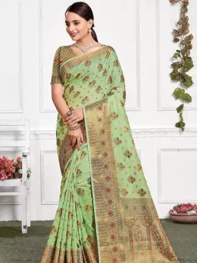 Odette Women Pista Cotton Heavy Jari Wevon Designer Stone Saree With Unstitched Blouse