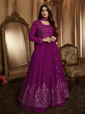 Odette Women Purple Embroidered Georgette Semi Stitched Gown