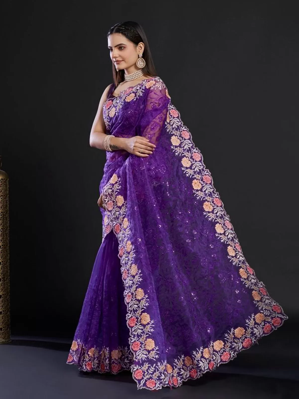 Odette Women Purple Organza Saree With Unstitched Blouse