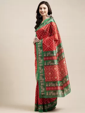 Odette Women Red Casual Art Silk Printed Saree With Unstitched Blouse