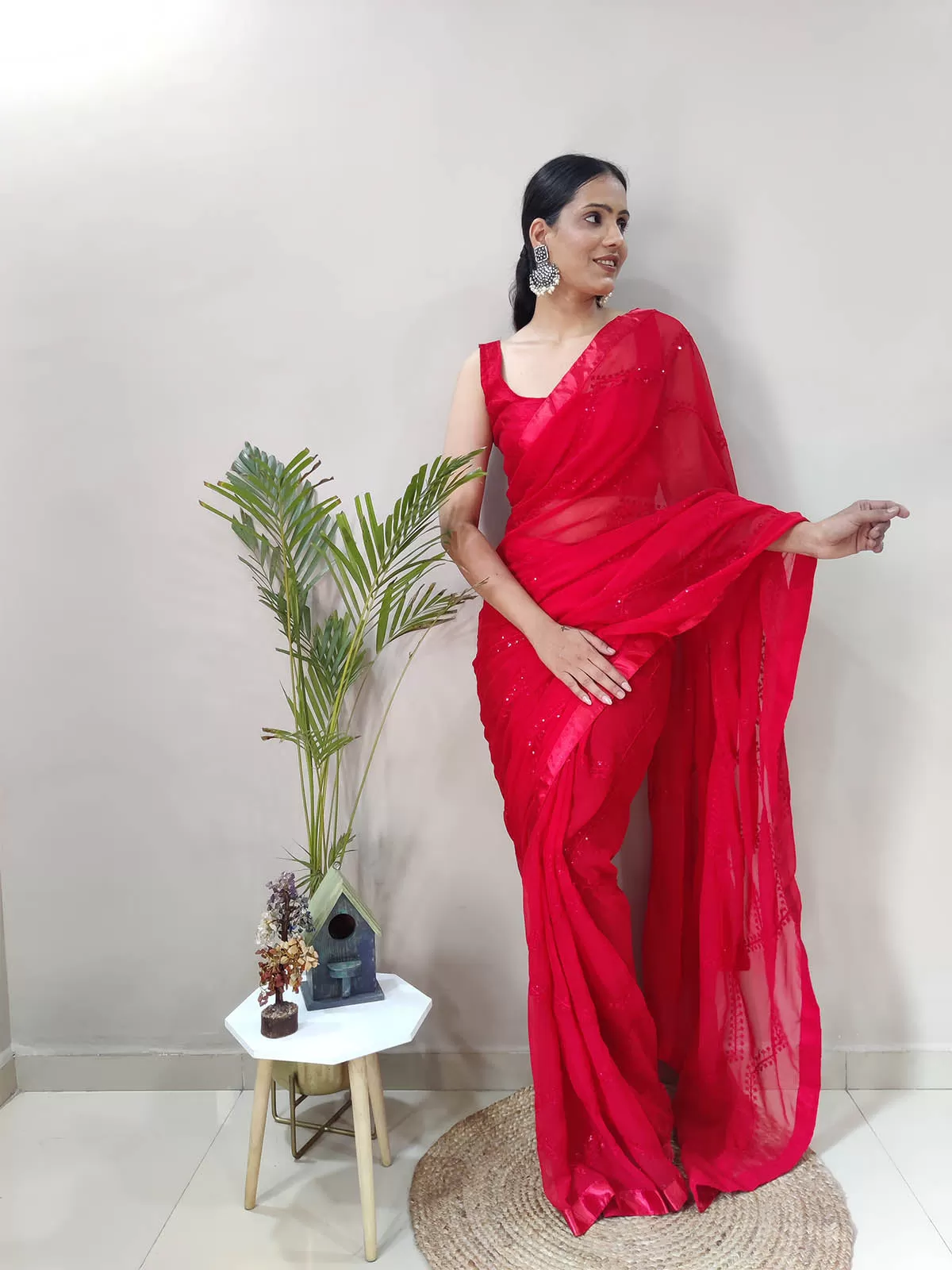 Odette Women Red Georgette Ready To Wear Saree With Unstitched Blouse