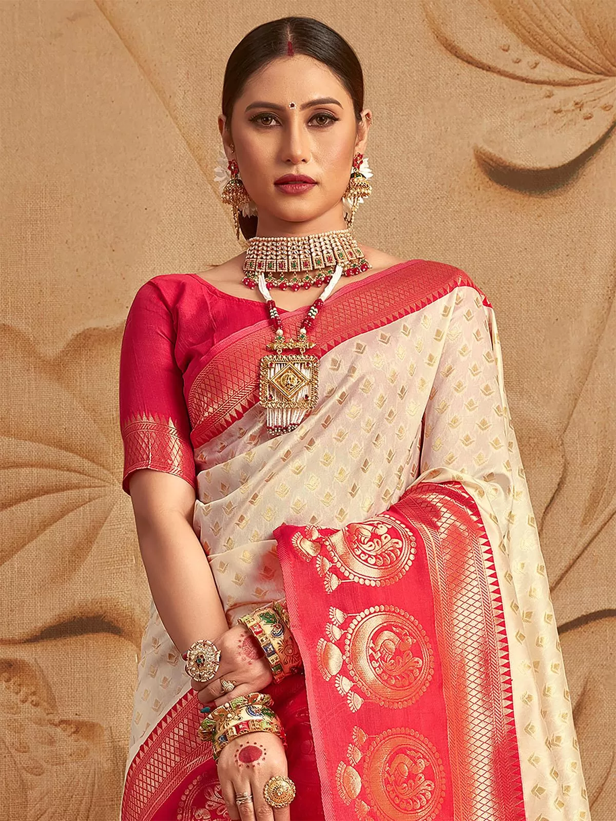 Odette Women Silk Blend Apricot And Red Woven Designer Saree With Unstitched Blouse