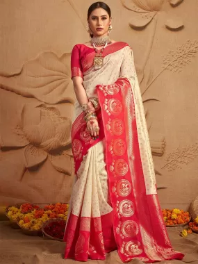 Odette Women Silk Blend Apricot And Red Woven Designer Saree With Unstitched Blouse