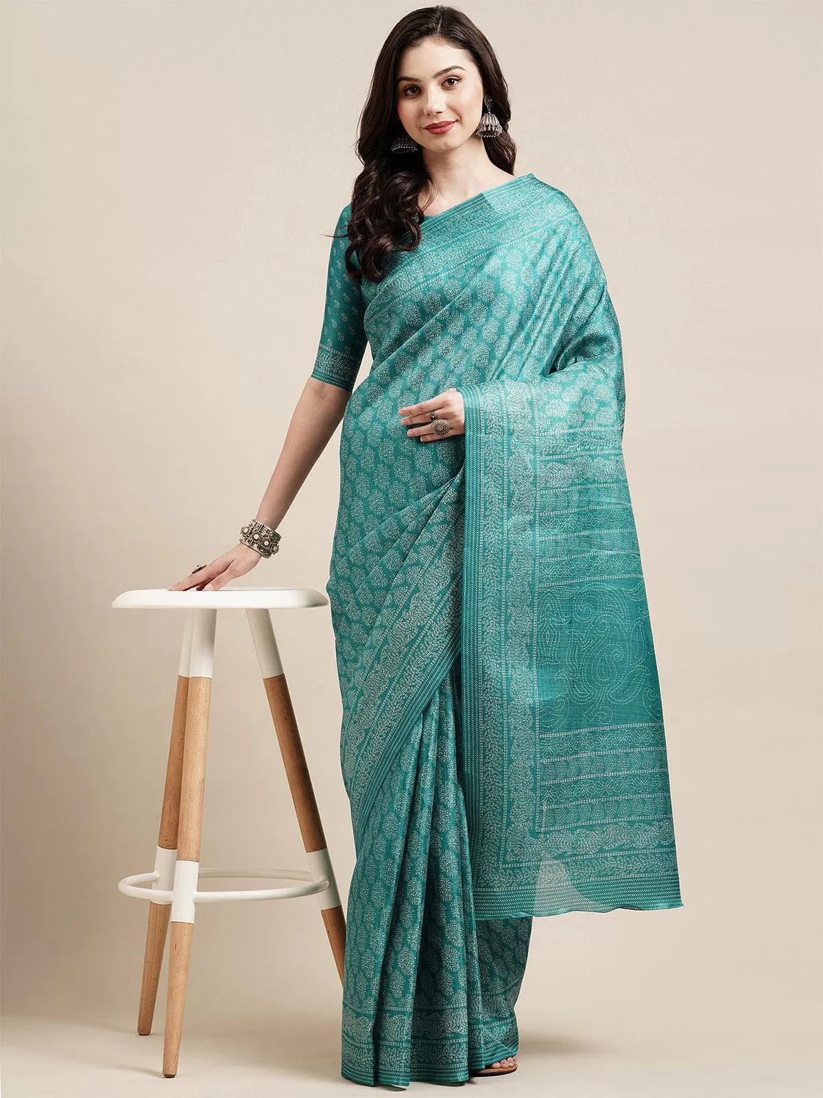 Odette Women Teal Blue Casual Bhagalpuri Silk Printed Saree With Unstitched Blouse