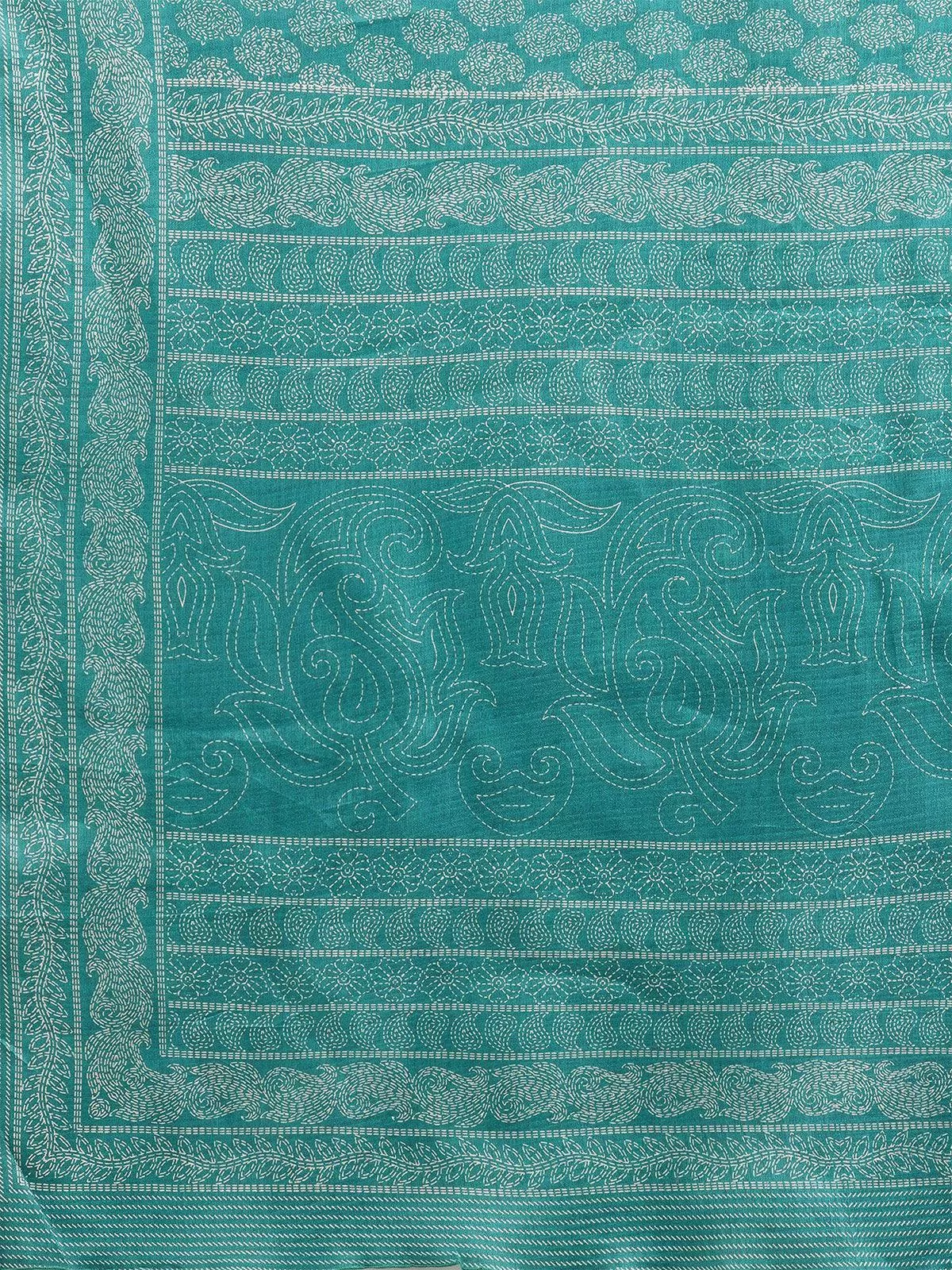 Odette Women Teal Blue Casual Bhagalpuri Silk Printed Saree With Unstitched Blouse