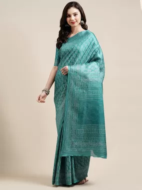 Odette Women Teal Blue Casual Bhagalpuri Silk Printed Saree With Unstitched Blouse