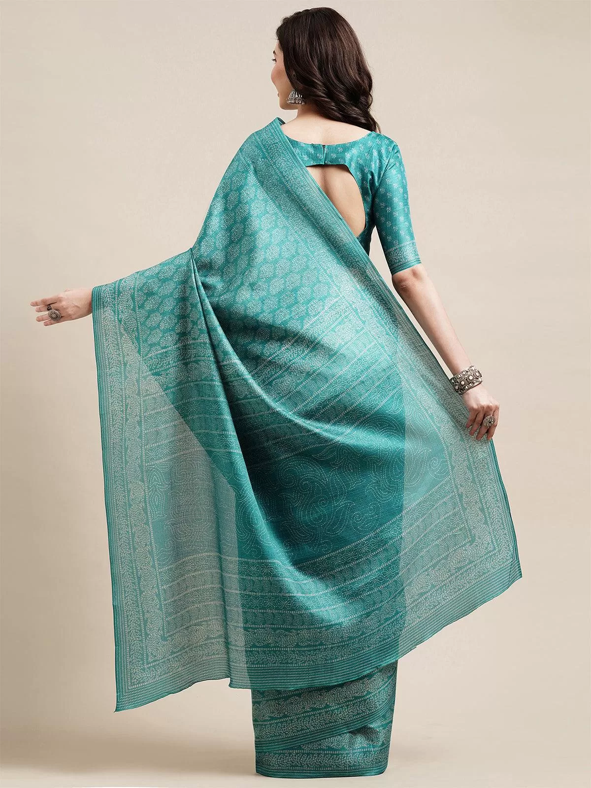 Odette Women Teal Blue Casual Bhagalpuri Silk Printed Saree With Unstitched Blouse