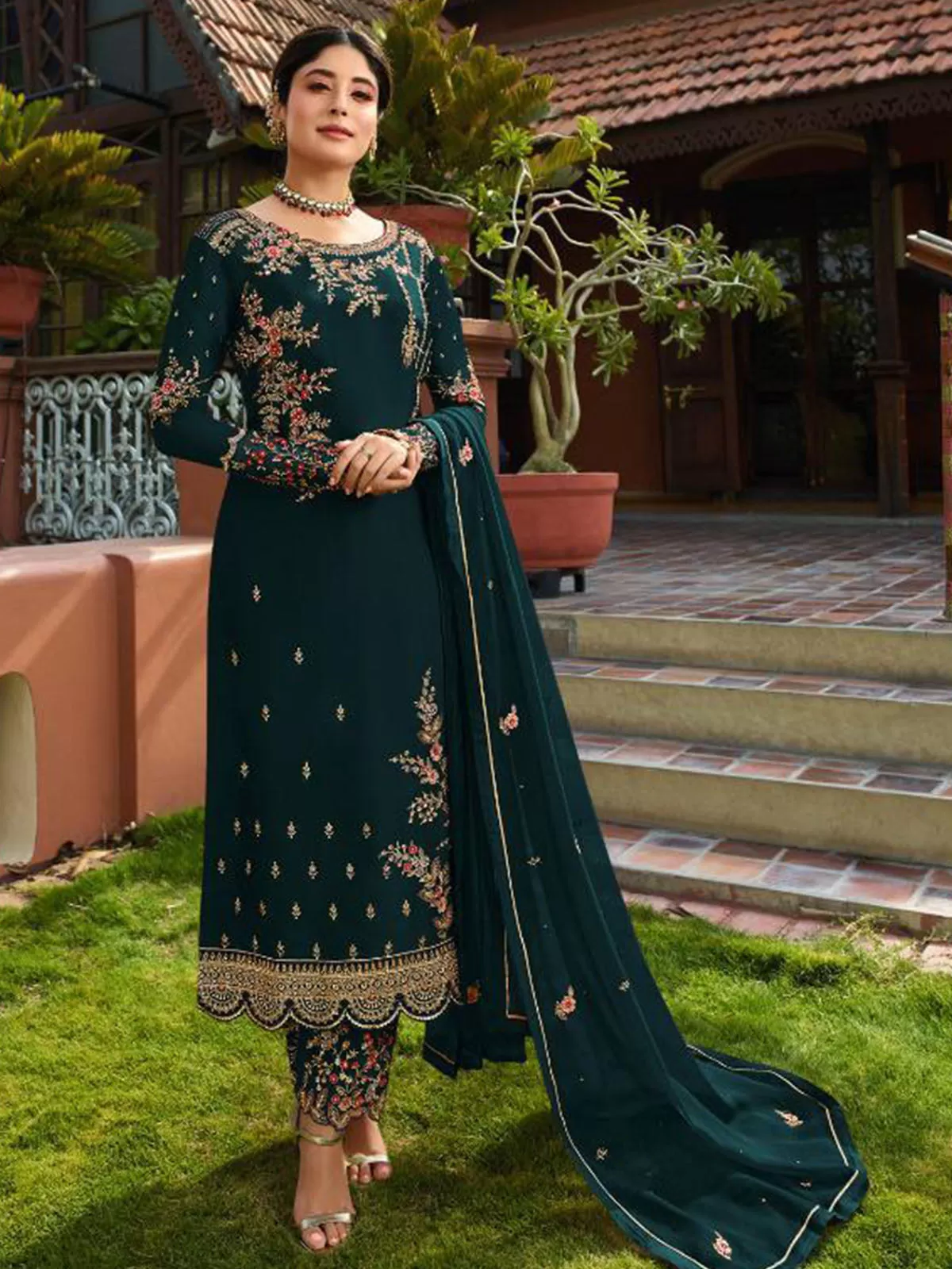 Odette Women Teal Color Georgette Straight Semi Stitched Salwar Kameez