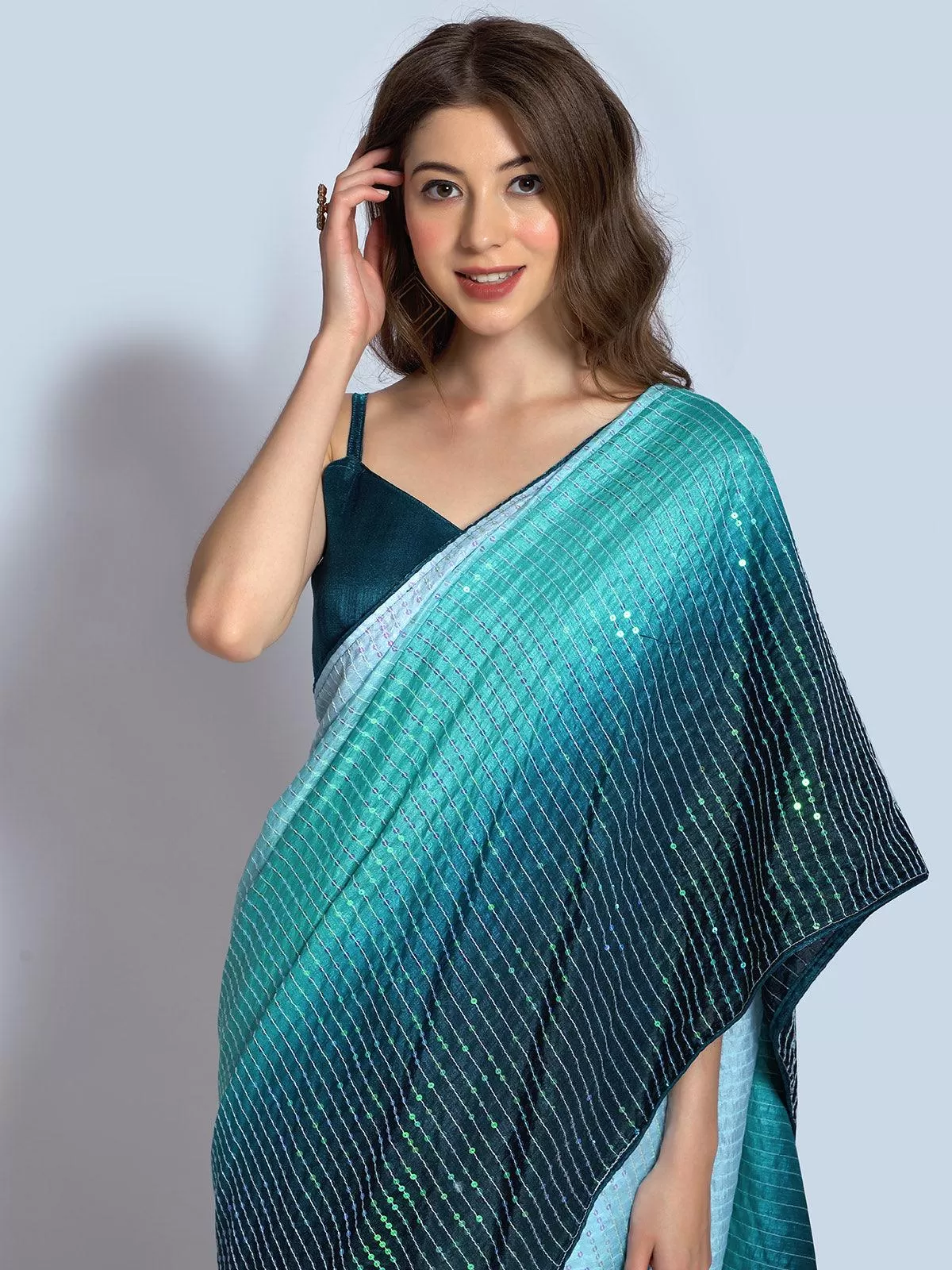 Odette Women Teal Silk Blend Designer Embroidery Saree With Unstitched Blouse