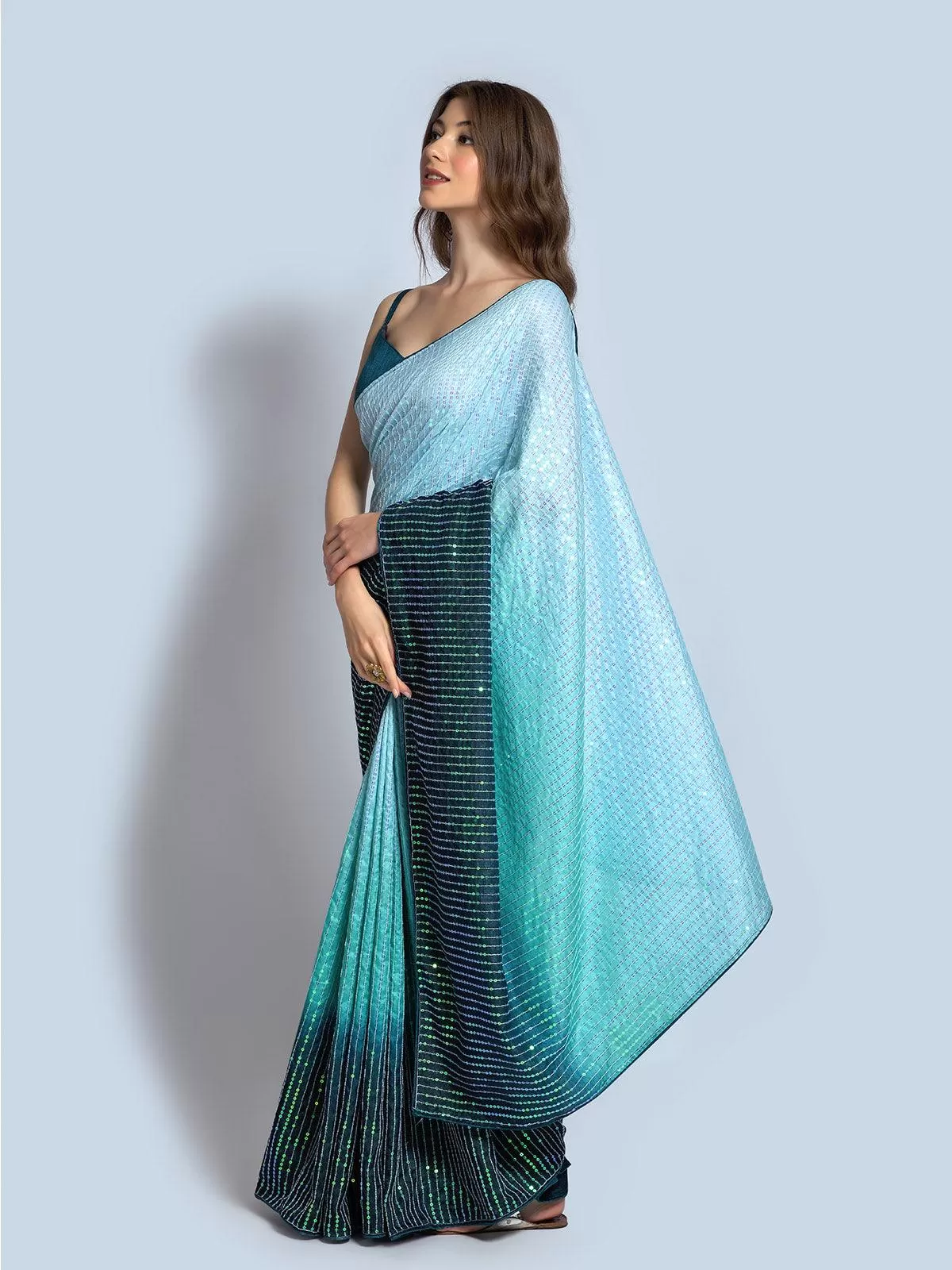 Odette Women Teal Silk Blend Designer Embroidery Saree With Unstitched Blouse