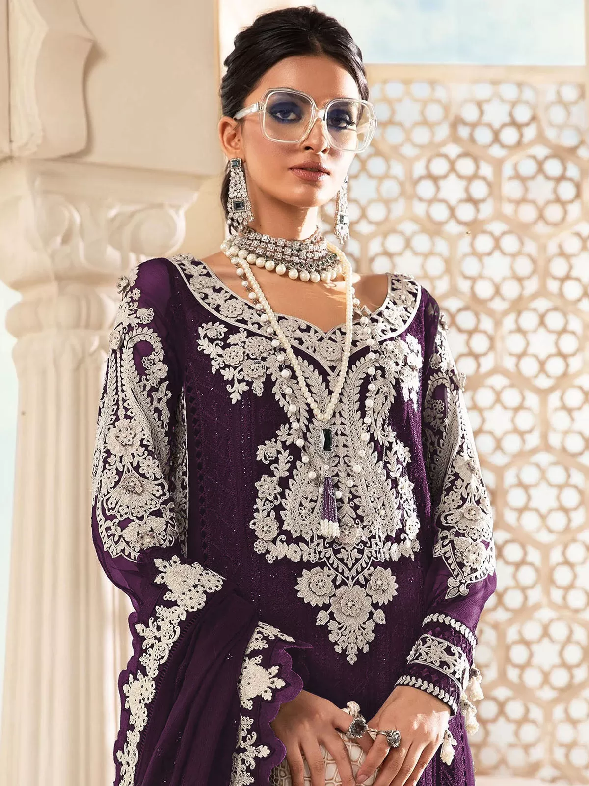 Odette Women Violet Embroidered Georgette Partywear Semi Stitched Suit