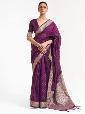 Odette Women Violet Festive Silk Blend Woven Design Saree With Unstitched Blouse