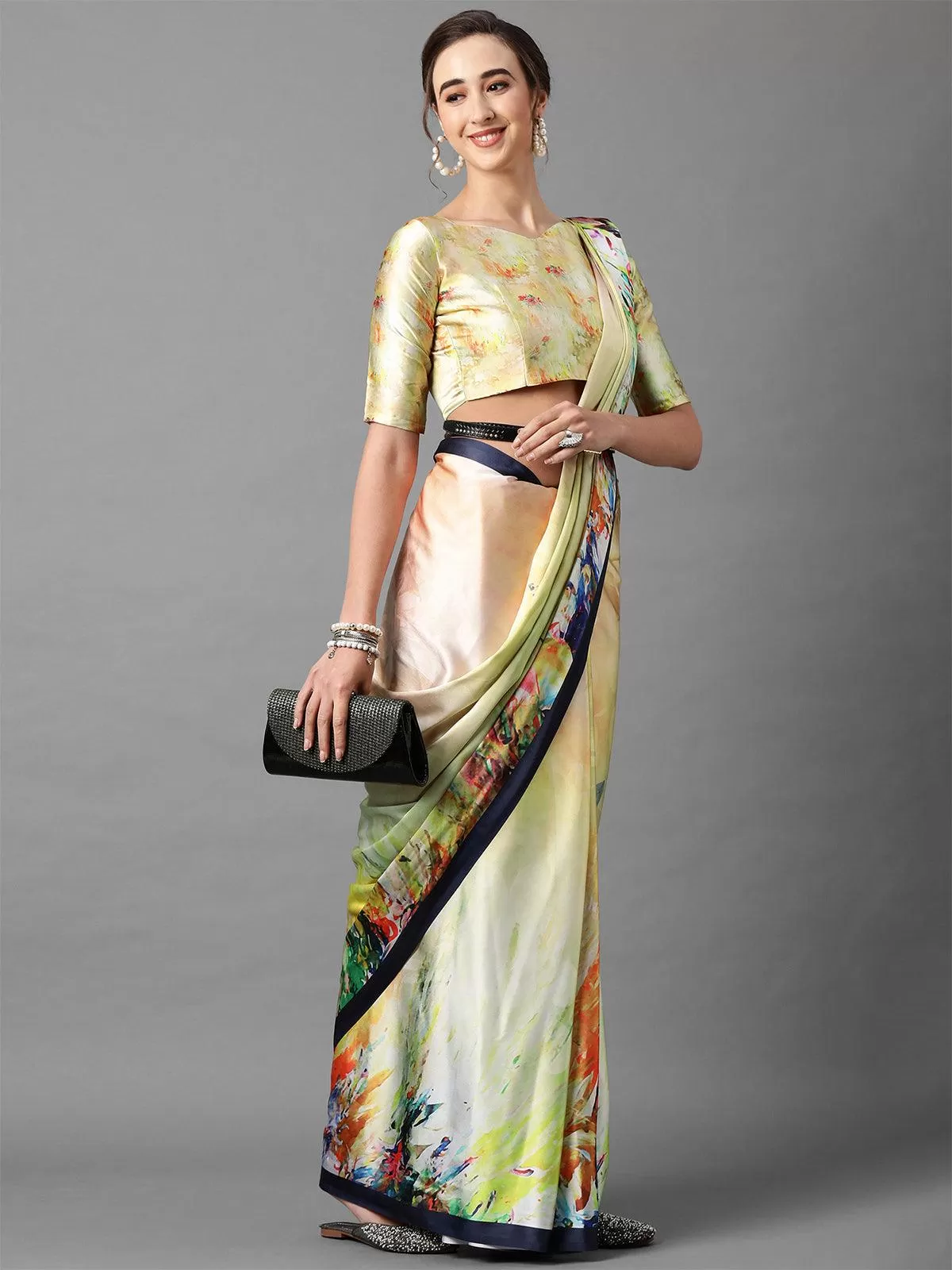 Odette Women Yellow Festive Satin Silk Printed Saree With Unstitched Blouse