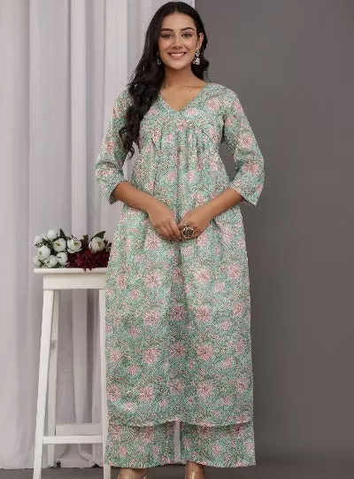 Pastel Green Cotton Printed Anarkali Kurti Pant Set Of 2