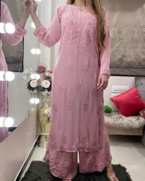 Pastel Pink Cotton Chikankari Work Kurti Palazzo Set