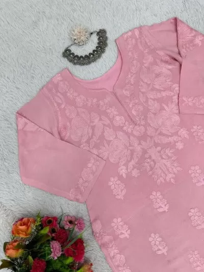 Pastel Pink Cotton Chikankari Work Kurti Palazzo Set