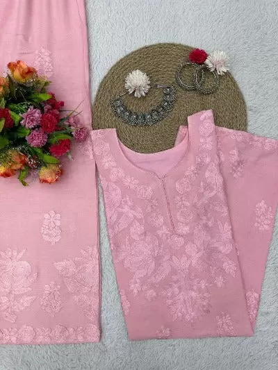 Pastel Pink Cotton Chikankari Work Kurti Palazzo Set