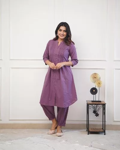 Pastel Purple Monochrome Cotton Kurti With Afghani Pant Set