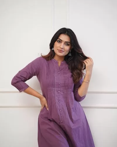 Pastel Purple Monochrome Cotton Kurti With Afghani Pant Set