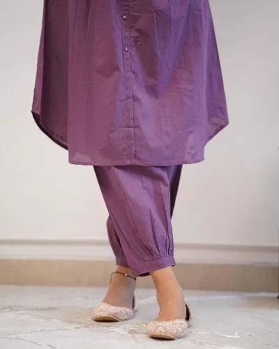 Pastel Purple Monochrome Cotton Kurti With Afghani Pant Set