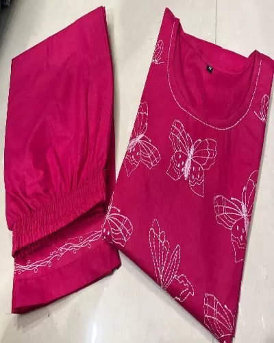 Pink Cotton Butterfly Embroidered Kurti Pant Set Of 2