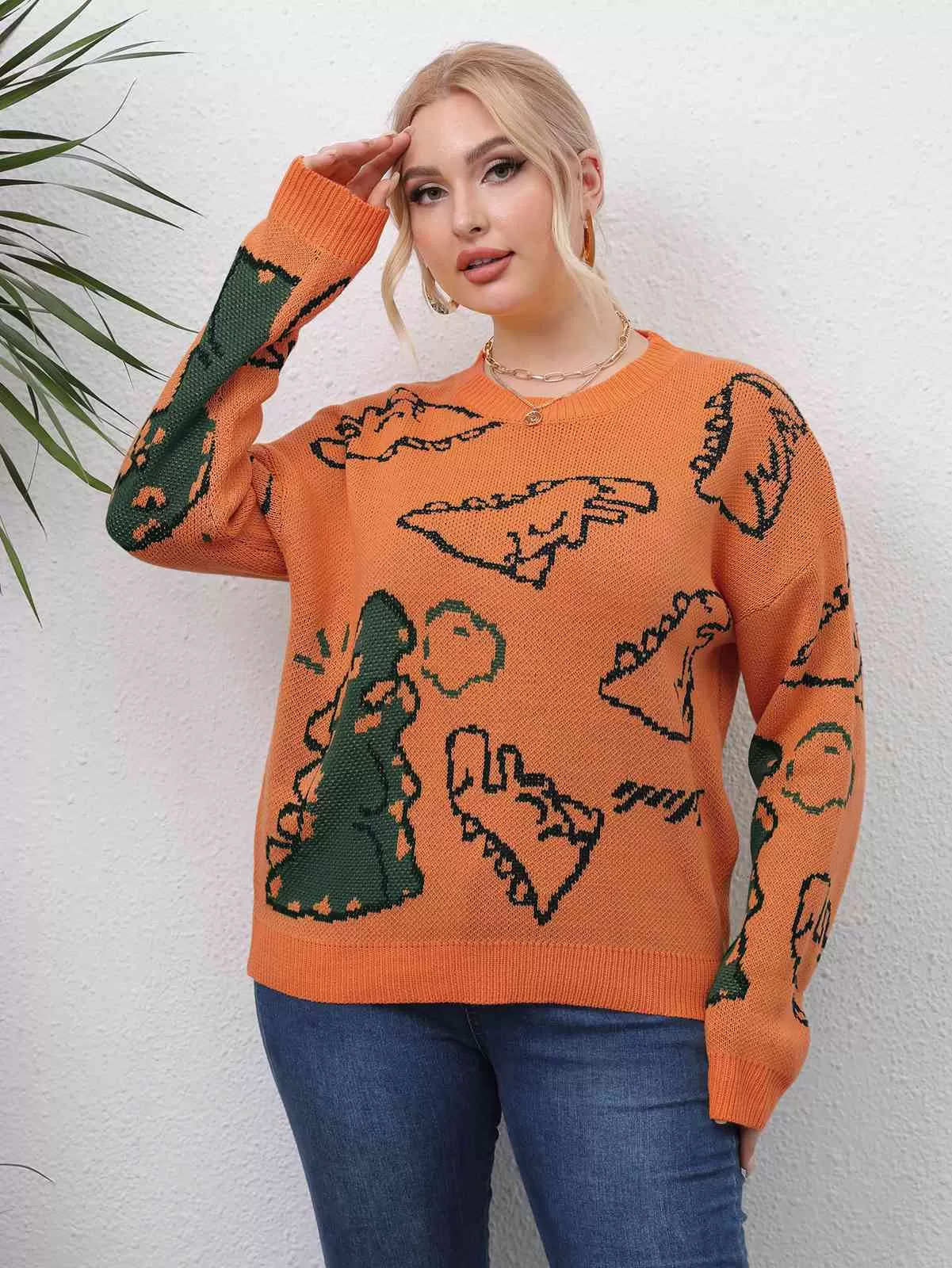 [Plus Size] 1960s Knitted Animal Picture Solid Sweater