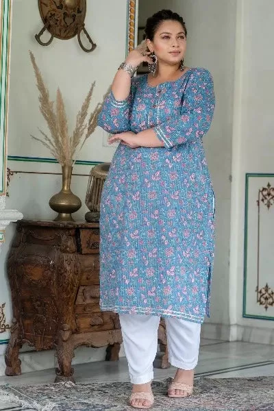 Plus Size Blue Pink Cotton Straight Kurti