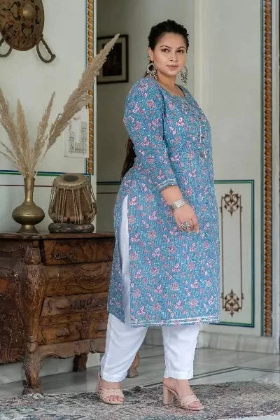 Plus Size Blue Pink Cotton Straight Kurti