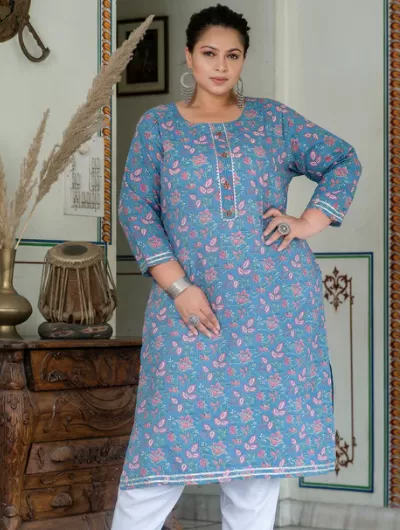 Plus Size Blue Pink Cotton Straight Kurti