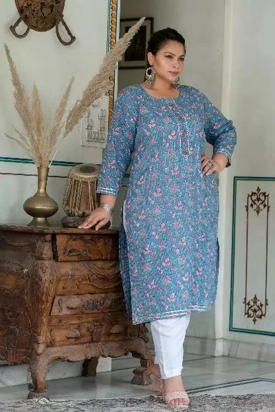 Plus Size Blue Pink Cotton Straight Kurti