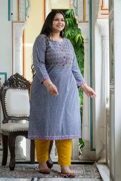 Plus Size Grey Pink Cotton Straight Kurti