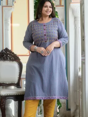 Plus Size Grey Pink Cotton Straight Kurti