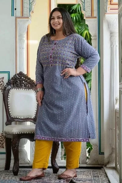 Plus Size Grey Pink Cotton Straight Kurti