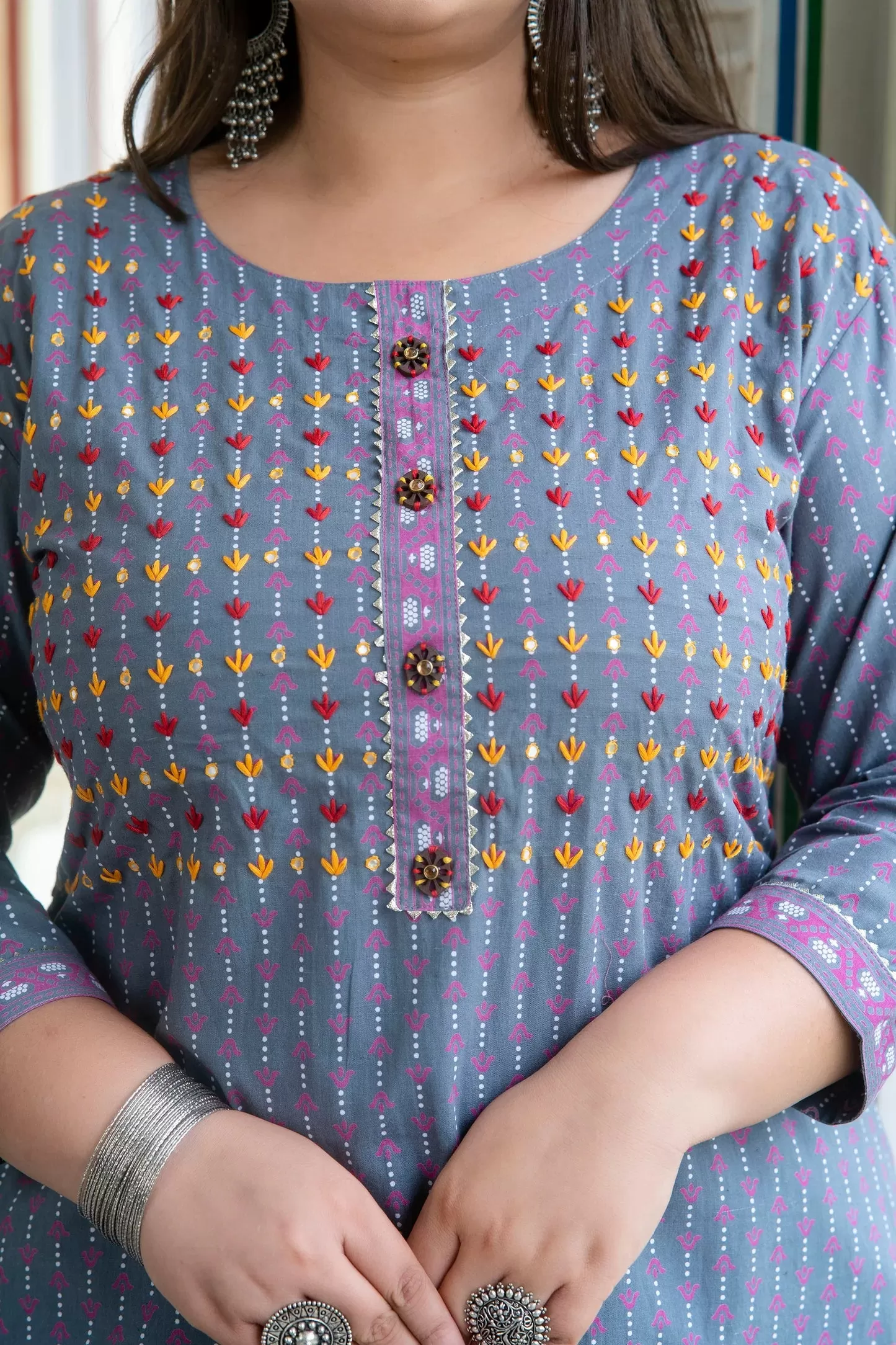 Plus Size Grey Pink Cotton Straight Kurti