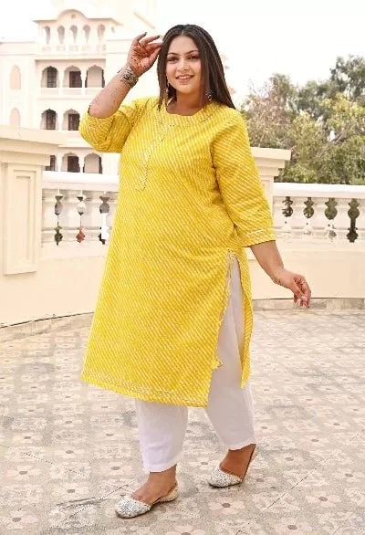 Plus Size Yellow Lehariya Kurti for women